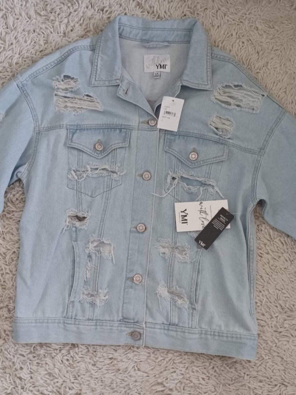 YMI Jeans USA Distressed Denim Jacket Womens Large Light Wash NWT